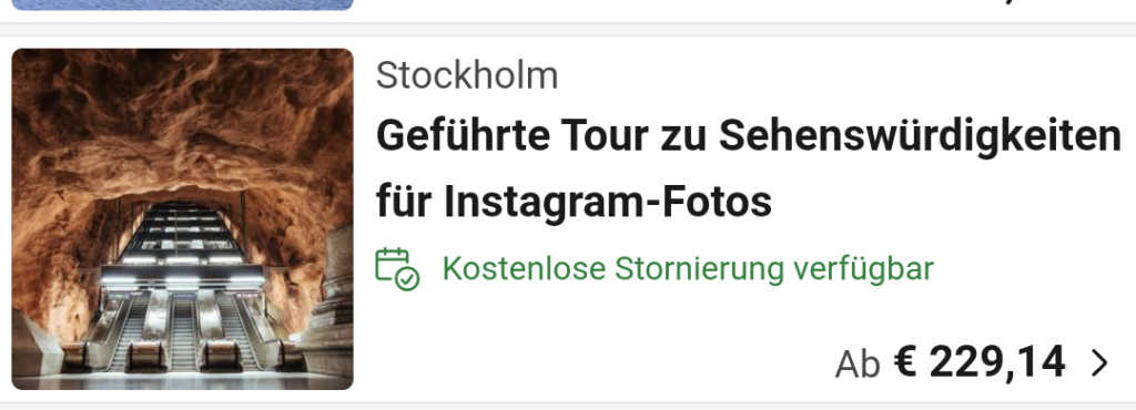 Screenshot einer App: Stockholm Geführte Touren zu Sehenswürdigkeiten für Instagram-Fotos Kostenlose Stornierung verfügbar Ab € 229.14