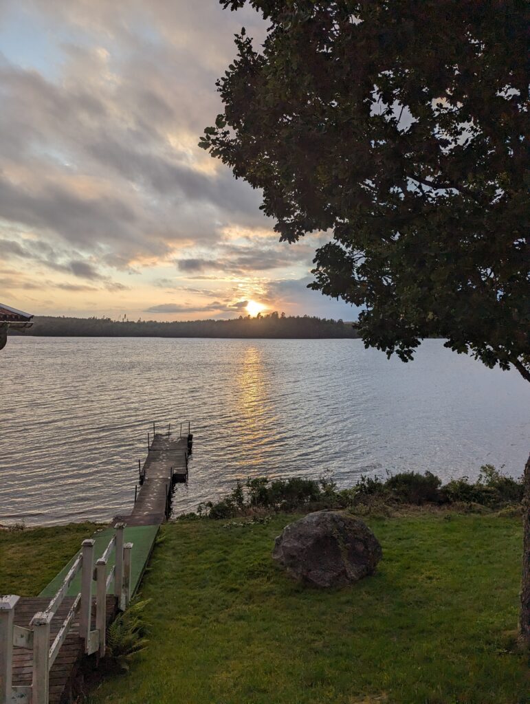Blick auf einen See, im Vordergrund etwas Rasen und ein großer Stein, von der linken Seite des Bildes führt ein Steg in den See. Von rechts oben ragt ein Baum ins Bild, über dem See geht die Sonne unter.