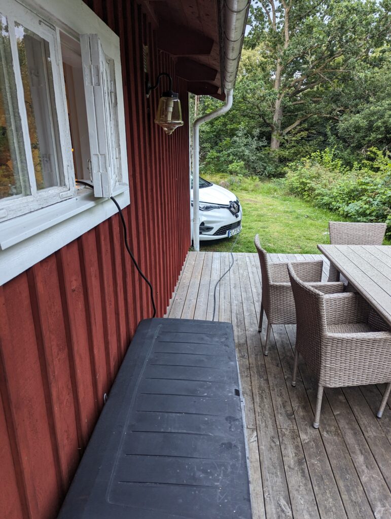 links eine Hauswand aus Holz im typischen Schwedenrot, aus einem schmalen Fenster hängt ein Kabel, das zur Zoe am Ende der Hauswand führt.