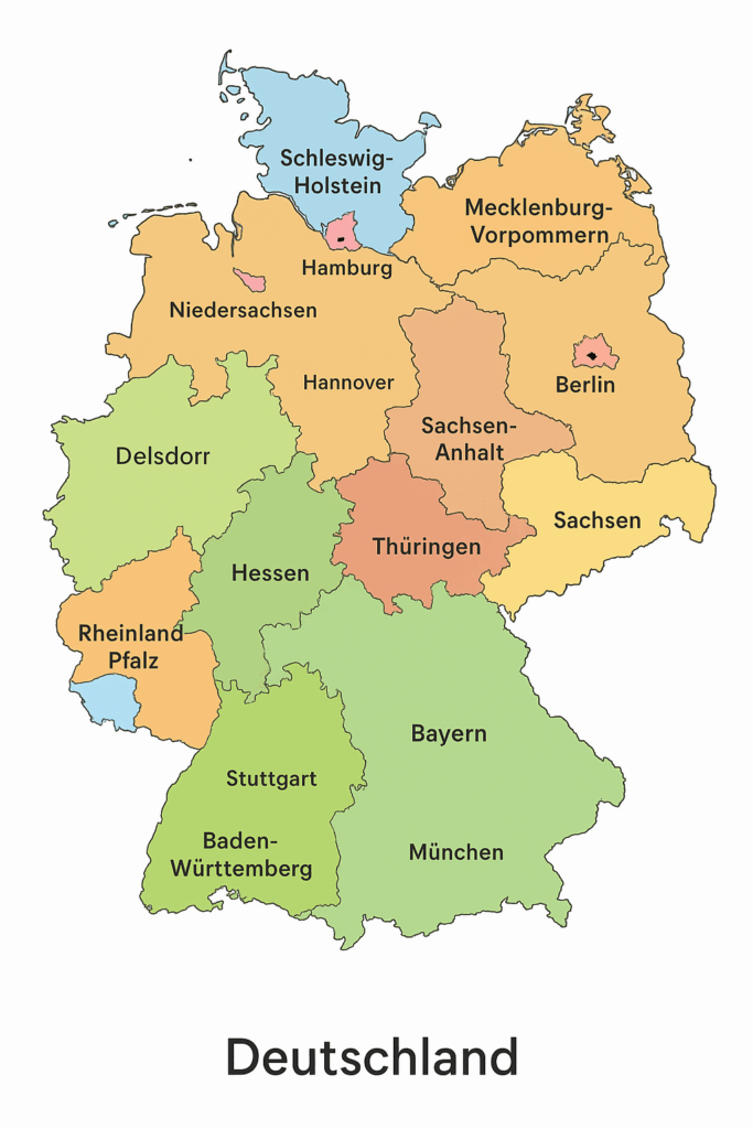 Eine Deutschlandkarte mit grob korrekten Umrissen der Bundesländer, allerdings mit zum Teil falschen Beschriftungen. Fast alle Bundesländer sind korrekt beschriftet, Bremen, Brandenburg und das Saarland sind nicht beschriftet. Die Hauptstädte Hannover, München, Stuttgart sind zusätzlich angegeben, der Begriff steht ungefähr am richtigen Org, ist aber nicht mit einem Punkt o.ä. gekennzeichnet. Anstatt Nordrhein-Westfalen steht 'Delsdorr'.