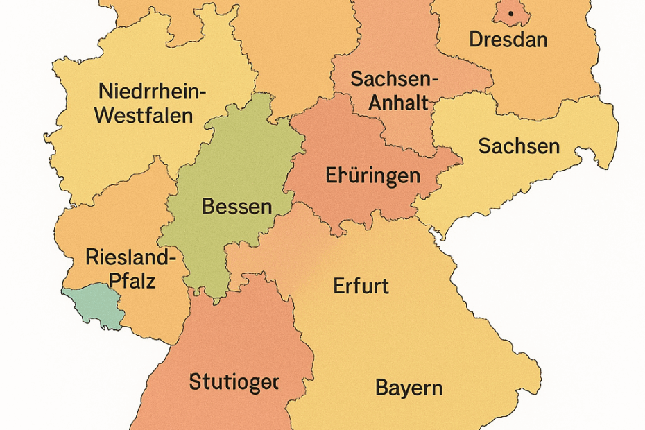 Eine Deutschlandkarte mit grob korrekten Umrissen der Bundesländer, allerdings mit falschen Beschriftungen. Mecklenburg-Vorpommern, Sachsen-Anhalt und Sachsen sind richtig beschriftet. leschwwit-Holstain, Hambur, Niedrrhein-Westfalen, Riesland-Pfalz, Bessen, Stutioger und Dresdan (für Brandenburg) komplett falsch. Im Bundesland Bayern steht zusätzlich noch Erfurt, Berlin und Niedersachsen sind ohne Beschriftung.