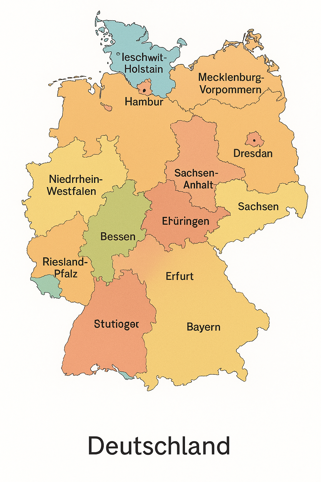 Eine Deutschlandkarte mit grob korrekten Umrissen der Bundesländer, allerdings mit falschen Beschriftungen. Mecklenburg-Vorpommern, Sachsen-Anhalt und Sachsen sind richtig beschriftet. leschwwit-Holstain, Hambur, Niedrrhein-Westfalen, Riesland-Pfalz, Bessen, Stutioger und Dresdan (für Brandenburg) komplett falsch. Im Bundesland Bayern steht zusätzlich noch Erfurt, Berlin und Niedersachsen sind ohne Beschriftung.